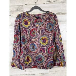 Talbots Womens 8 Petite Multicolor Paisley Metallic Henley Long Sleeve Boho Top